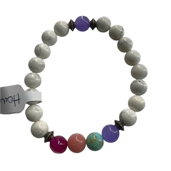 Jewelry - Howlite White,Grey, gemstones with multi colored center,Stretch